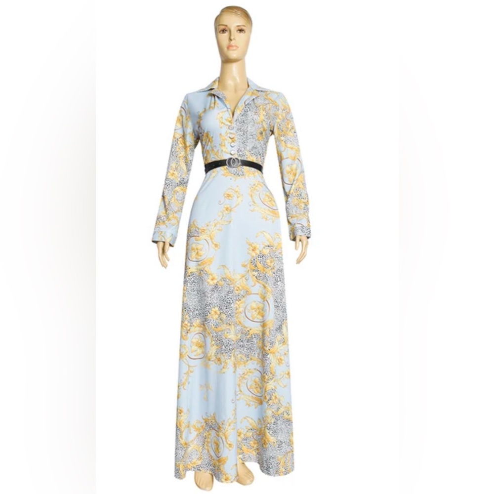 Light Blue and Gold Printed Maxi Shirt Dress